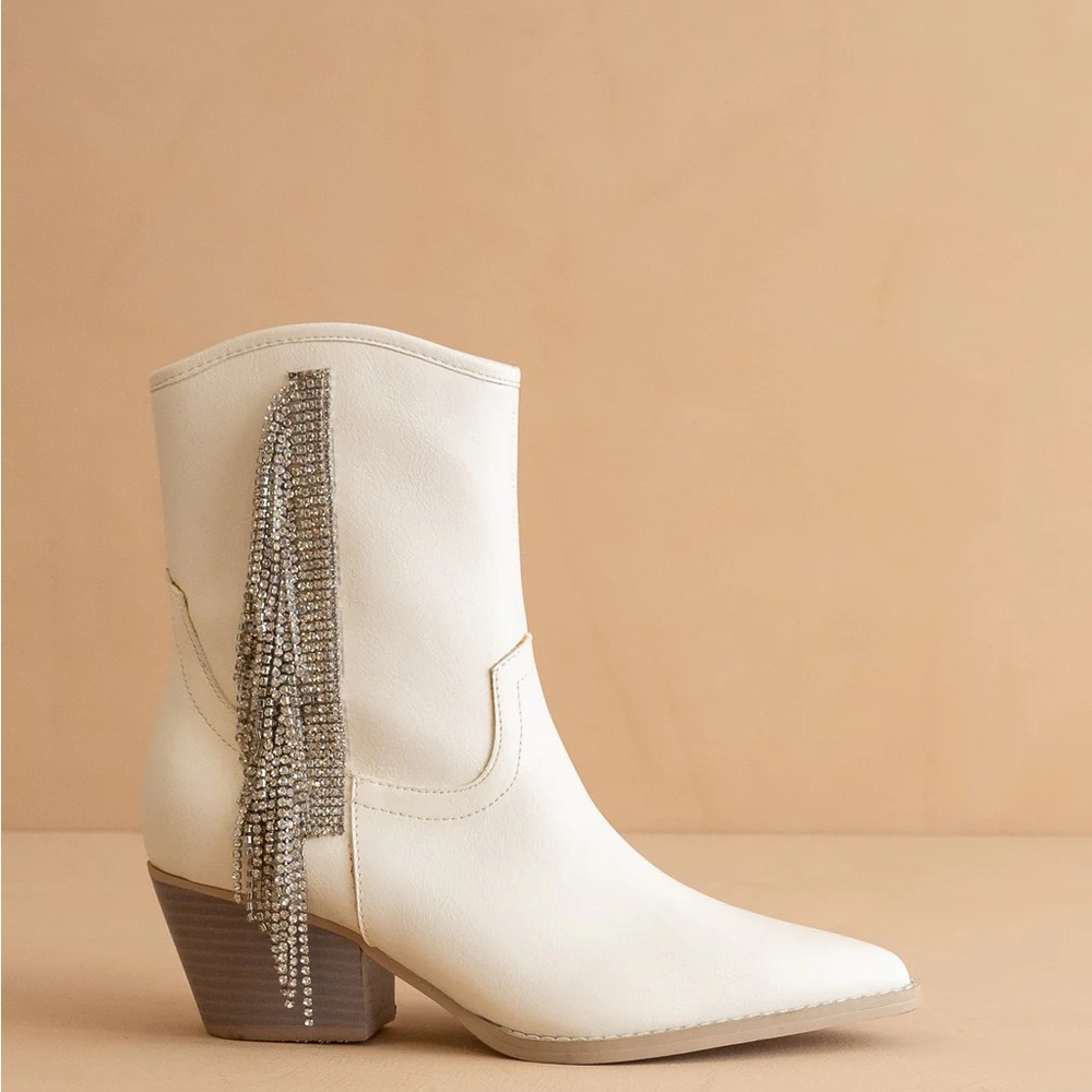 Embellished White Fringe Ankle cowboy Boots